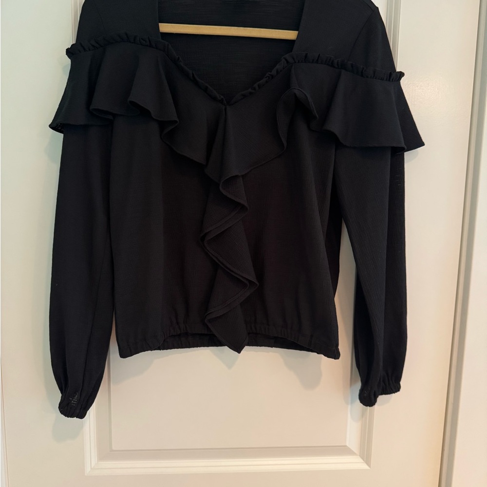 INC International Concepts Black Ruffle V-Neck Long Sleeve Top